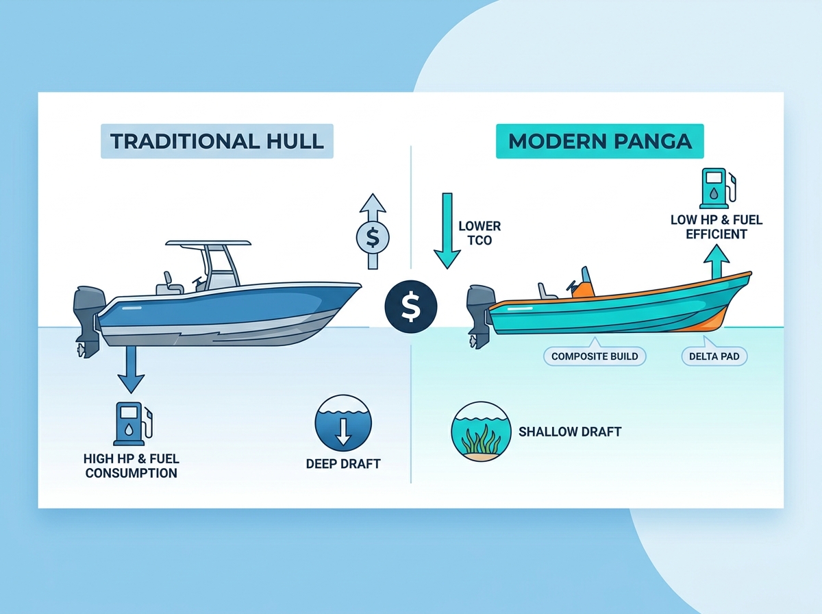 Fiberglass panga boat navigating coastal waters